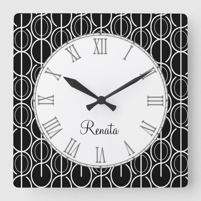 Oval graphic pattern black & white name wall clock (Front)