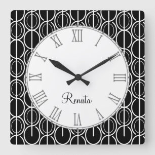 Oval graphic pattern black & white name wall clock