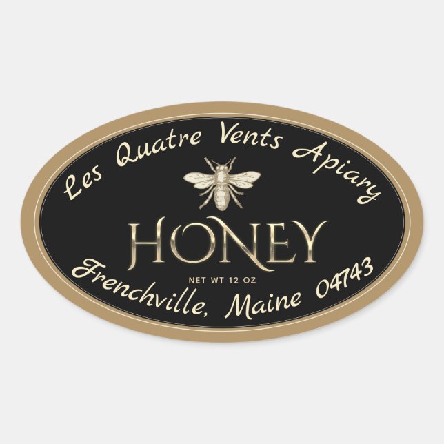 Oval Heraldic Bee Gold Border Black Honey Label (Front)