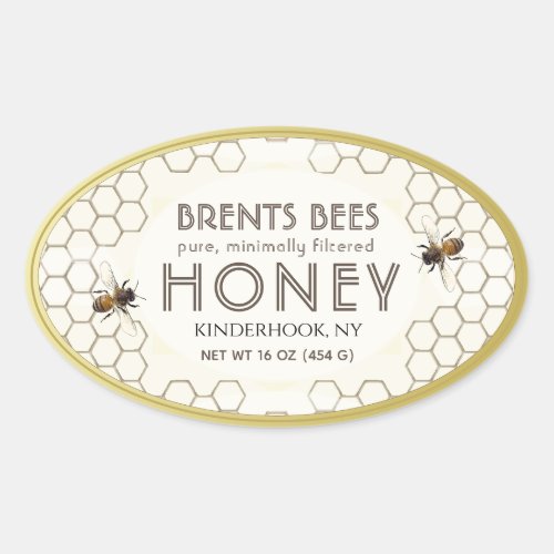 Oval Honey label with bee honeycomb gold border