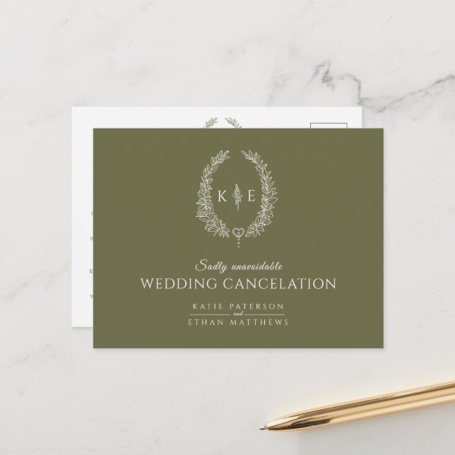 Oval leaf monogram wedding cancelation olive green announcement postcard (Front/Back In Situ)