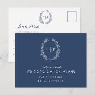 Oval leaf wreath monogram wedding cancelation blue announcement postcard