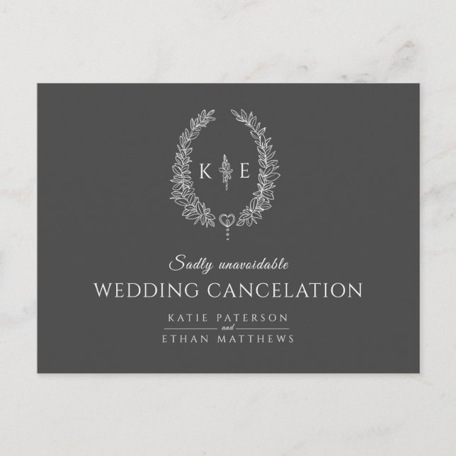 Oval leaf wreath monogram wedding cancelation gray announcement postcard (Front)