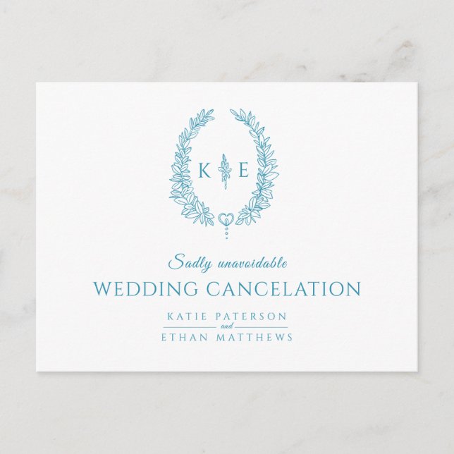 Oval leaf wreath monogram wedding cancelation teal announcement postcard (Front)