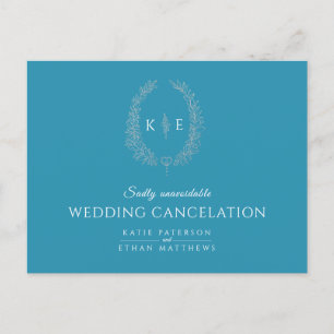 Oval leaf wreath monogram wedding cancelation teal announcement postcard