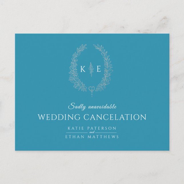 Oval leaf wreath monogram wedding cancelation teal announcement postcard (Front)