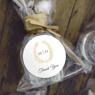Oval leaves gold black monogram wedding favor classic round sticker