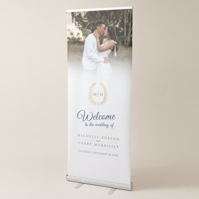 Oval leaves gold monogrammed wedding retractable banner (3/4)