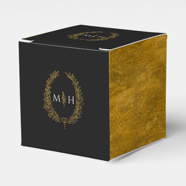 Oval leaves monogram black gold white wedding favor boxes (Front Side)