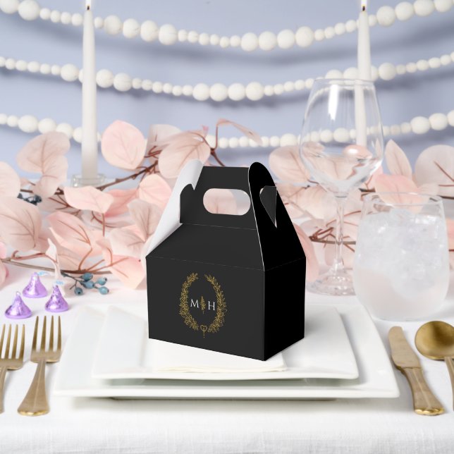 Oval leaves monogram black white gold wedding favor boxes (Wedding)