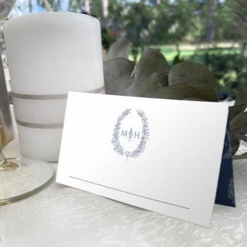 Oval Leaves Monogram Blue White Wedding Place Card by mylittleedenweddings at Zazzle