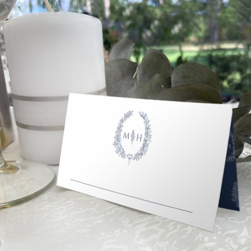Oval leaves monogram blue white wedding place card