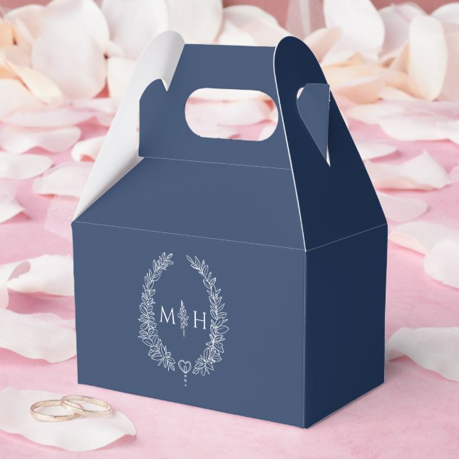 Oval leaves monogram navy blue white wedding favor boxes (Wedding)