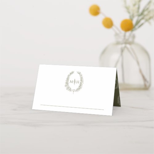 Oval leaves monogram olive green white wedding place card