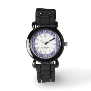 Oval linked patterned purple grey white name watch