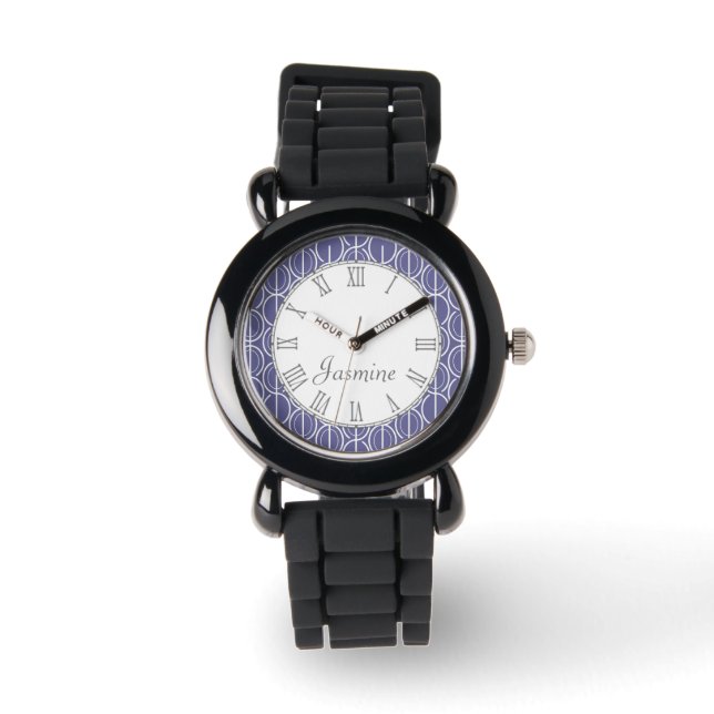 Oval linked patterned purple grey white name watch (Front)