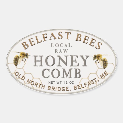 Oval Local Honeycomb with Realistic Bees Label