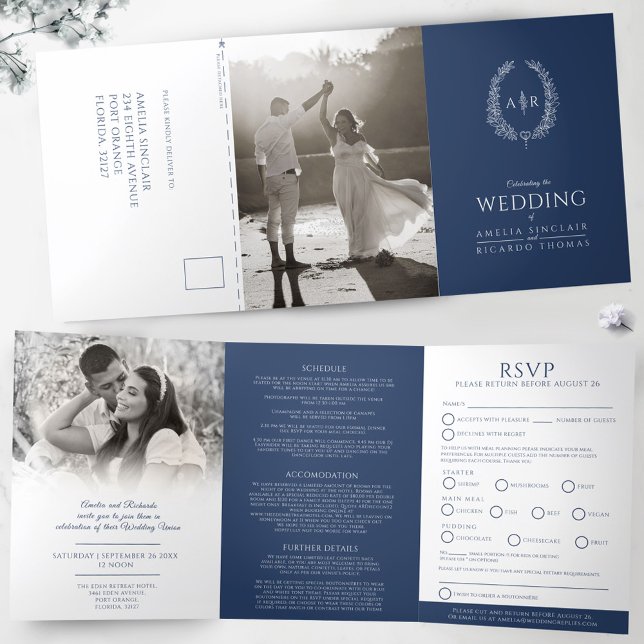 Oval monogram wedding RSVP blue white Tri-Fold Invitation (Creator Uploaded)