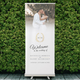 Oval of leaves black gold white wedding photo retractable banner