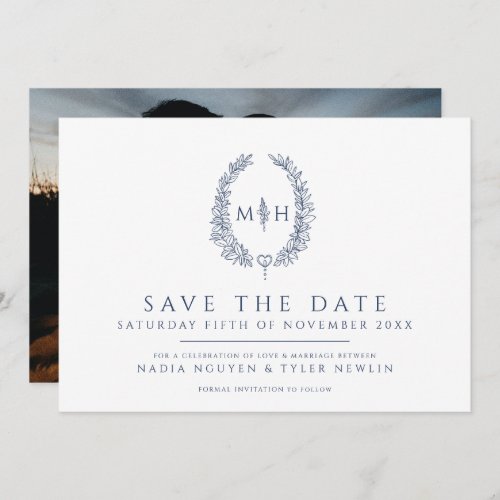 Oval of leaves white blue photo wedding save the date