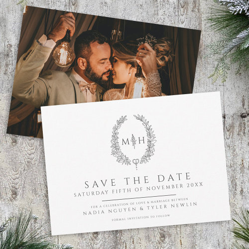 Oval of leaves white gray photo wedding save the date