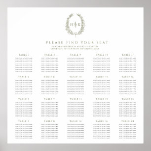 Oval olive green white 20 wedding tables plan poster