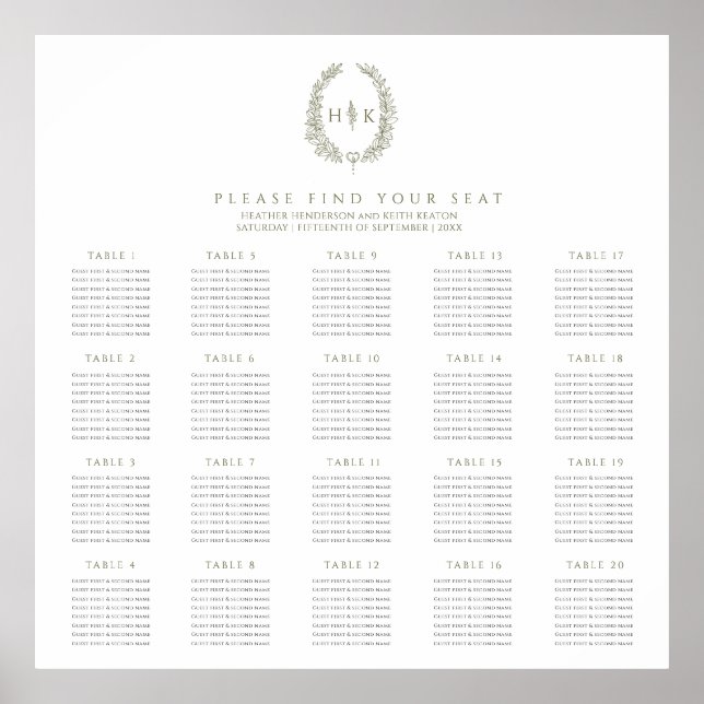 Oval olive green white 20 wedding tables plan poster (Front)