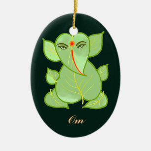 Oval Om Green Leaves Ganpati Ornament