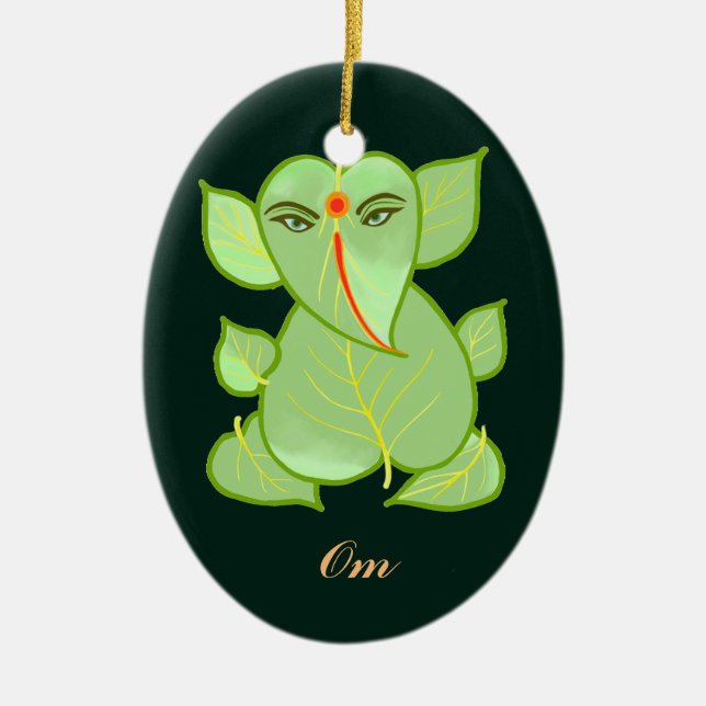 Oval Om Green Leaves Ganpati Ornament (Front)