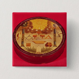 Oval painted box, with symbols of Freemasonry Button