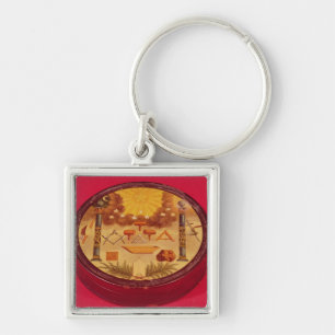Oval painted box, with symbols of Freemasonry Keychain