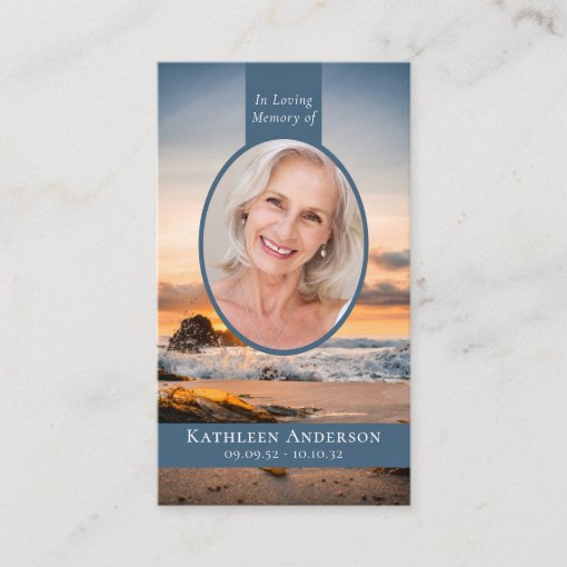 Oval Photo Beach Sunrise Memorial Prayer Card | Zazzle