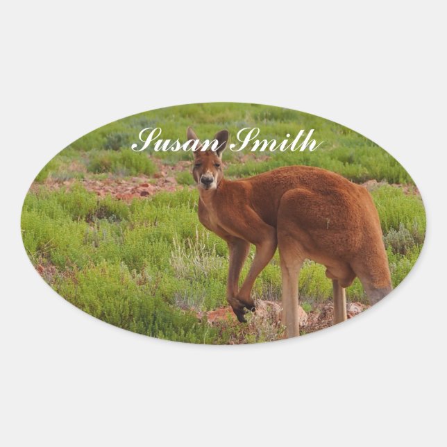 Oval photo sticker with name - red kangaroo (Front)