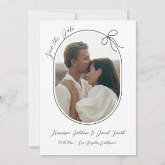Oval photo with thin border and a minimal bow save the date
