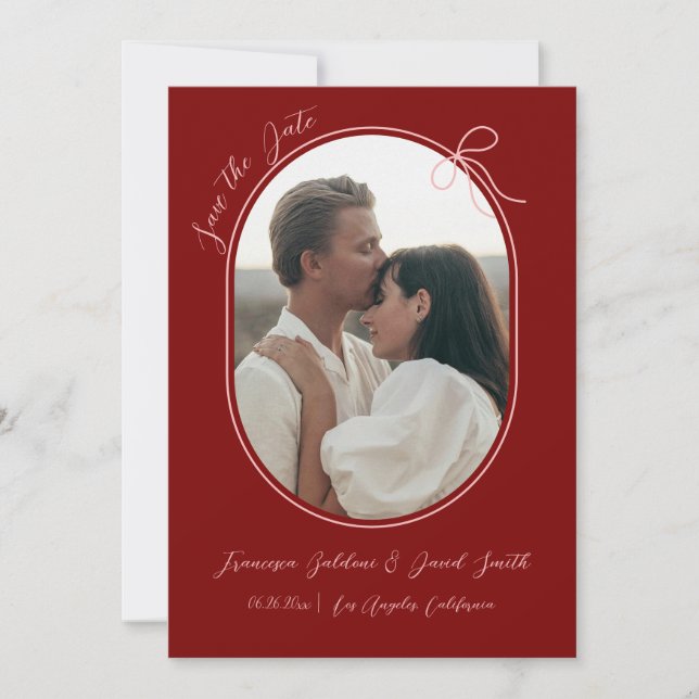 Oval photo with thin border and a minimal bow save the date (Front)