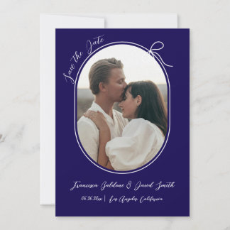Oval photo with thin border and a minimal bow save the date