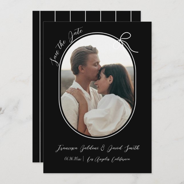 Oval photo with thin border and a minimal bow save the date (Front/Back)