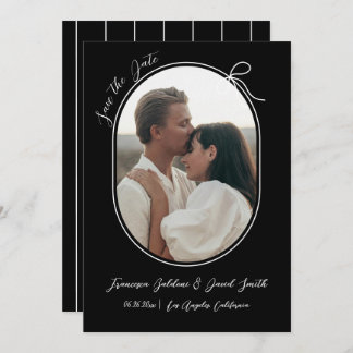 Oval photo with thin border and a minimal bow save the date