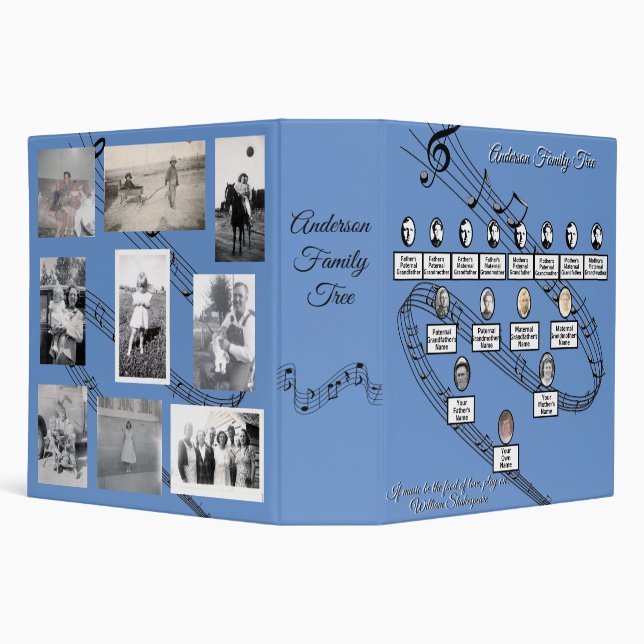 Oval Photos Family Tree Musical Staff Blue  3 Ring Binder (Background)