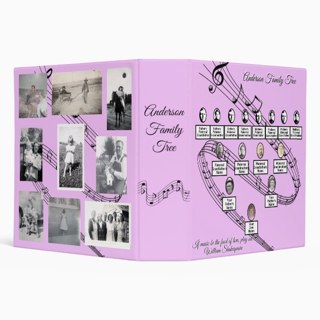 Oval Photos Family Tree Musical Staff Lavender  3 Ring Binder (Background)