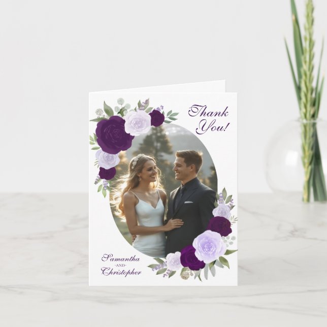 Oval Picture Purple Boho Roses QR Code Wedding  Letterpress Thank You Card (Front)