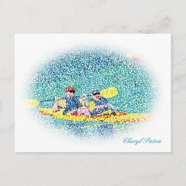 Oval Pointillism kayak river scene, postcards (Front)