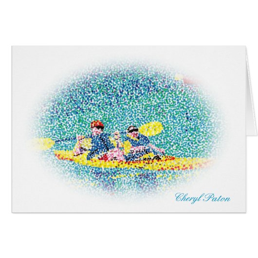 Oval Pointillism kayak scene on river, cards (Front Horizontal)