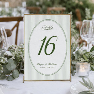 Oval Sage Green Striped Table Number