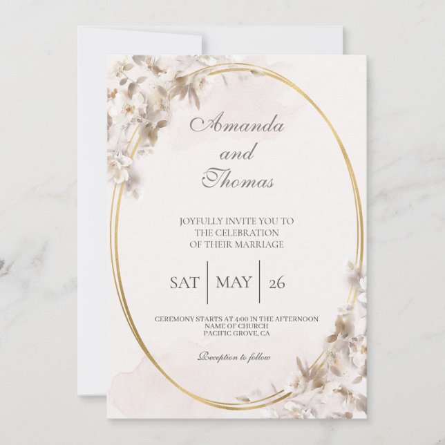 Oval shaped with white flower wedding Invitation (Front)
