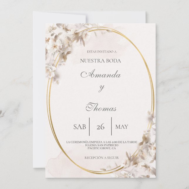 Oval shaped with white flower wedding Invitation (Front)