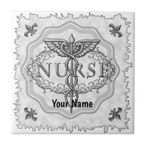 Oval Silver Caduceus Nurse custom name Ceramic Tile