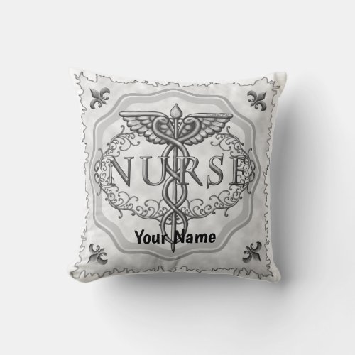 Oval Silver Caduceus Nurse custom name Throw Pillow