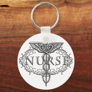 Oval silver caduceus nurse keychain