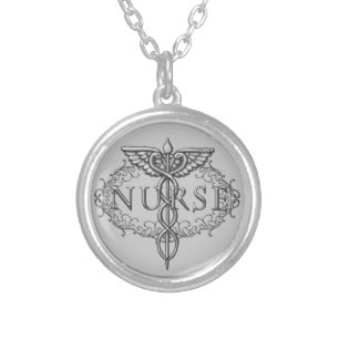 Oval silver caduceus nurse plated necklace